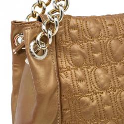 Pre Owned Carolina Herrera Gold Monogram Leather Shoulder Bag