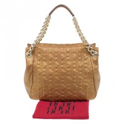 Pre Owned Carolina Herrera Gold Monogram Leather Shoulder Bag
