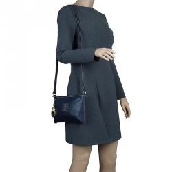 Pre Owned Carolina Herrera Navy Blue Leather Logo CH Crossbody Bag
