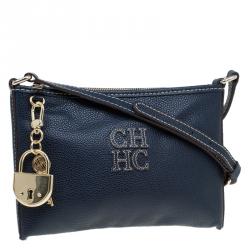Pre Owned Carolina Herrera Navy Blue Leather Logo CH Crossbody Bag