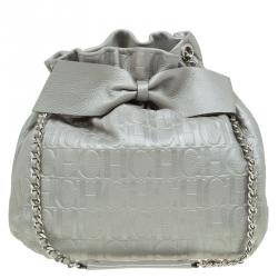 Pre Owned Carolina Herrera Silver Embossed Leather Bow Bucket Shoulder Bag
