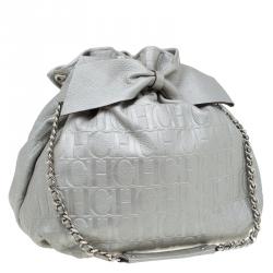 Pre Owned Carolina Herrera Silver Embossed Leather Bow Bucket Shoulder Bag