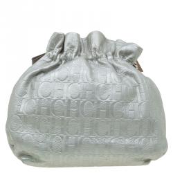 Pre Owned Carolina Herrera Silver Embossed Leather Bow Bucket Shoulder Bag