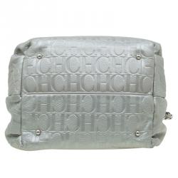Pre Owned Carolina Herrera Silver Embossed Leather Bow Bucket Shoulder Bag