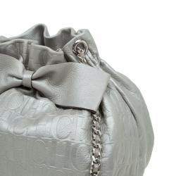 Pre Owned Carolina Herrera Silver Embossed Leather Bow Bucket Shoulder Bag