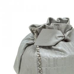 Pre Owned Carolina Herrera Silver Embossed Leather Bow Bucket Shoulder Bag
