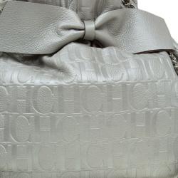 Pre Owned Carolina Herrera Silver Embossed Leather Bow Bucket Shoulder Bag