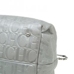 Pre Owned Carolina Herrera Silver Embossed Leather Bow Bucket Shoulder Bag