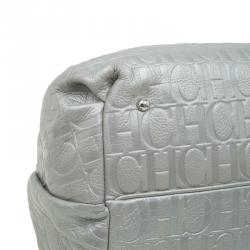 Pre Owned Carolina Herrera Silver Embossed Leather Bow Bucket Shoulder Bag