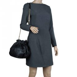 Pre Owned Carolina Herrera Black Monogram Leather Drawstring Shoulder Bag
