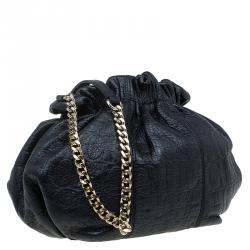 Pre Owned Carolina Herrera Black Monogram Leather Drawstring Shoulder Bag
