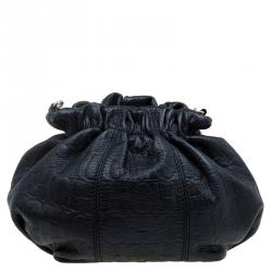 Pre Owned Carolina Herrera Black Monogram Leather Drawstring Shoulder Bag