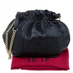 Pre Owned Carolina Herrera Black Monogram Leather Drawstring Shoulder Bag