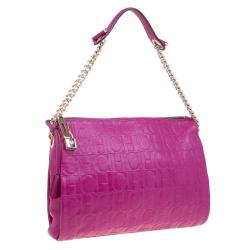 Pre Owned Carolina Herrera Fuschia Monogram Leather Hobo