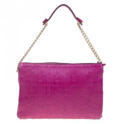 Pre Owned Carolina Herrera Fuschia Monogram Leather Hobo