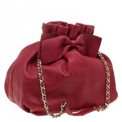 Pre Owned Carolina Herrera Red Embossed Leather Bow Bucket Shoulder Bag