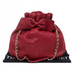 Pre Owned Carolina Herrera Red Embossed Leather Bow Bucket Shoulder Bag