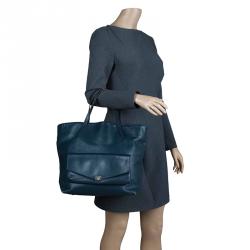 Pre Owned  Carolina Herrera Navy Blue Leather Envelope Pocket Tote