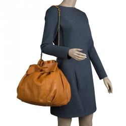 Pre Owned Carolina Herrera Brown Embossed Leather Bow Bucket Shoulder Bag