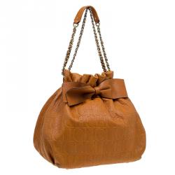 Pre Owned Carolina Herrera Brown Embossed Leather Bow Bucket Shoulder Bag