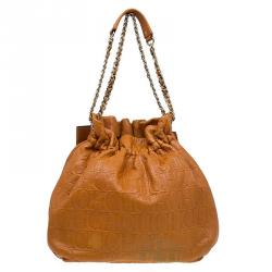 Pre Owned Carolina Herrera Brown Embossed Leather Bow Bucket Shoulder Bag