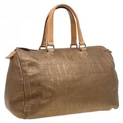 Pre Owned Carolina Herrera Gold Monogram Leather Andy Boston Bag