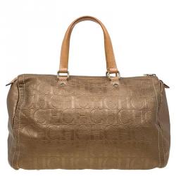 Pre Owned Carolina Herrera Gold Monogram Leather Andy Boston Bag