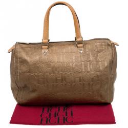 Pre Owned Carolina Herrera Gold Monogram Leather Andy Boston Bag