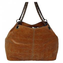 Pre Owned Carolina Herrera Brown Monogram Leather Chain Shoulder Bag