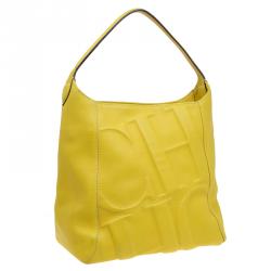 Pre Owned Carolina Herrera Yellow Leather Logo Embossed Hobo