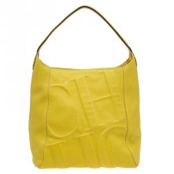 Pre Owned Carolina Herrera Yellow Leather Logo Embossed Hobo