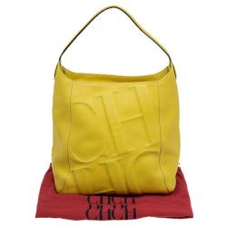 Pre Owned Carolina Herrera Yellow Leather Logo Embossed Hobo