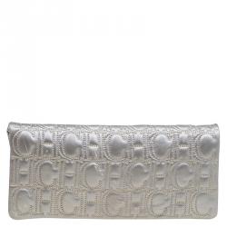 Pre Owned Carolina Herrera Silver Monogram Leather Jerry Clutch