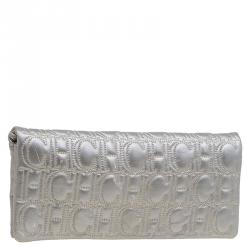 Pre Owned Carolina Herrera Silver Monogram Leather Jerry Clutch