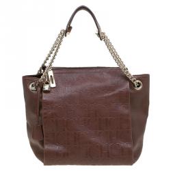Pre Owned Carolina Herrera Brown Embossed Leather Shoulder Bag