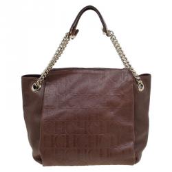 Pre Owned Carolina Herrera Brown Embossed Leather Shoulder Bag