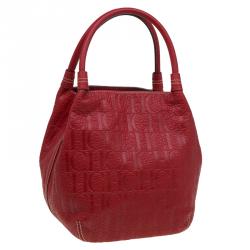 Pre Owned Carolina Herrera Red Monogram Leather Bucket Tote