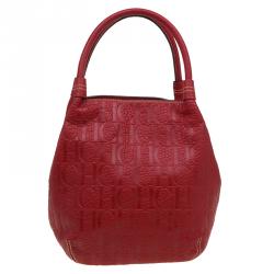 Pre Owned Carolina Herrera Red Monogram Leather Bucket Tote