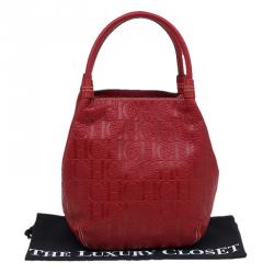 Pre Owned Carolina Herrera Red Monogram Leather Bucket Tote
