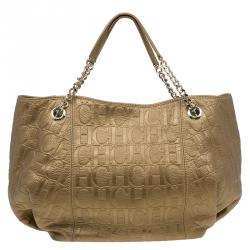 Pre Owned Carolina Herrera Gold Monogram Embossed Leather Dahlia Hobo
