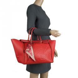 Pre Owned Carolina Herrera Red La Place Vendome Embossed Leather Tote
