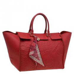 Pre Owned Carolina Herrera Red La Place Vendome Embossed Leather Tote