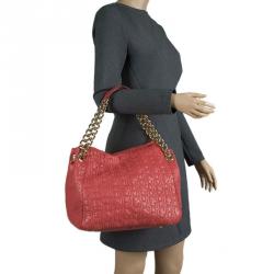Pre Owned Carolina Herrera Red Monogram Leather Tote