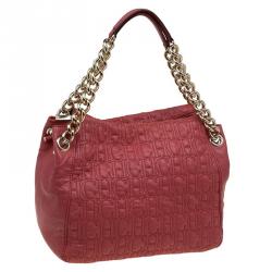 Pre Owned Carolina Herrera Red Monogram Leather Tote