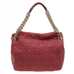 Pre Owned Carolina Herrera Red Monogram Leather Tote