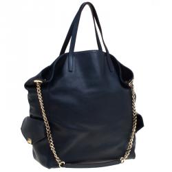 Pre Owned Carolina Herrera Navy Blue Leather Envelope Pocket Tote