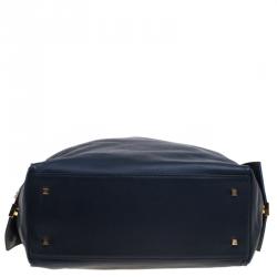 Pre Owned Carolina Herrera Navy Blue Leather Envelope Pocket Tote
