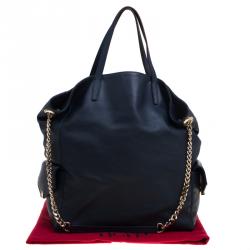 Pre Owned Carolina Herrera Navy Blue Leather Envelope Pocket Tote