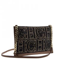 Pre Owned Carolina Herrera Blue/Brown Fabric and Leather Shoulder Bag