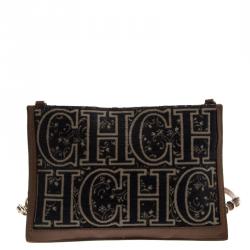 Pre Owned Carolina Herrera Blue/Brown Fabric and Leather Shoulder Bag